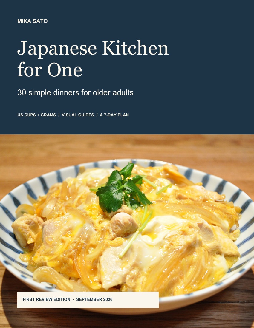 Cover of Mika’s Japanese Kitchen for One, with an actual photograph of a chicken and egg rice bowl
